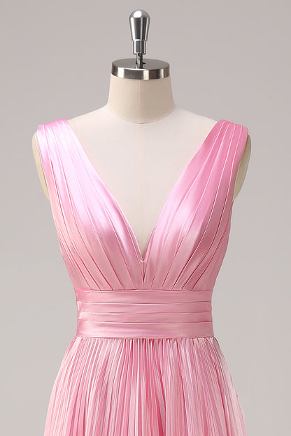 Pink A-Line Pleated V-Neck Satin Long Bridesmaid Dress