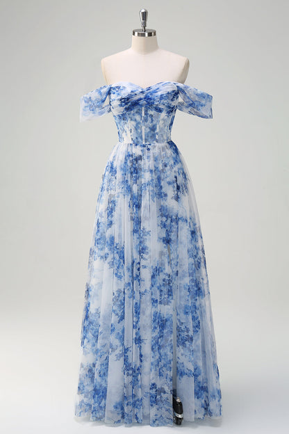 Plus Size White Blue Floral Off The Shoulder Long Bridesmaid Dress with Slit