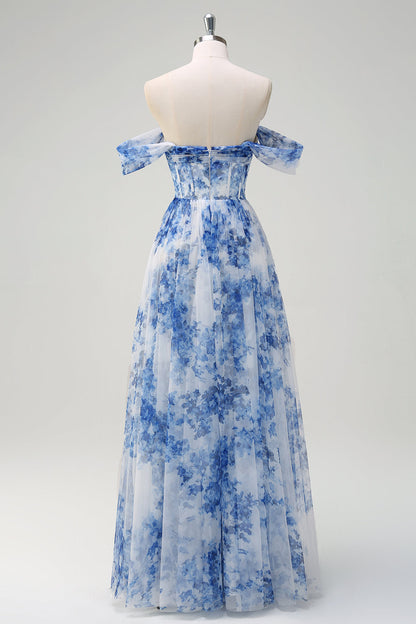Plus Size White Blue Floral Off The Shoulder Long Bridesmaid Dress with Slit