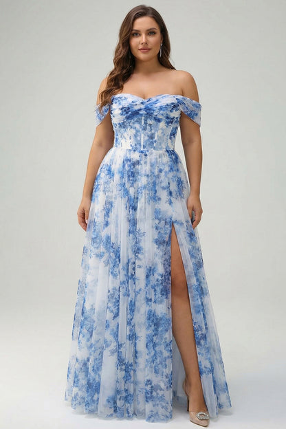 Plus Size White Blue Floral Off The Shoulder Long Bridesmaid Dress with Slit