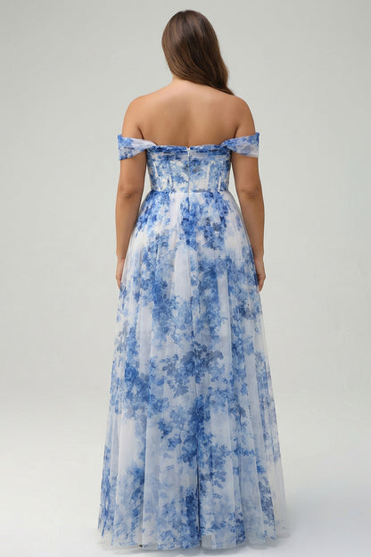 Plus Size White Blue Floral Off The Shoulder Long Bridesmaid Dress with Slit