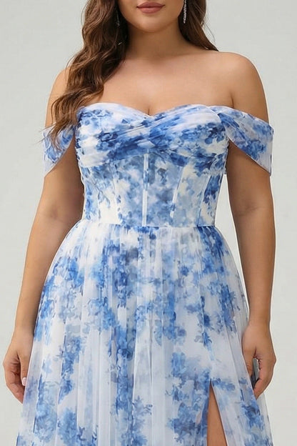 Plus Size White Blue Floral Off The Shoulder Long Bridesmaid Dress with Slit