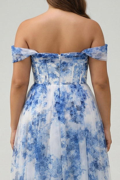 Plus Size White Blue Floral Off The Shoulder Long Bridesmaid Dress with Slit
