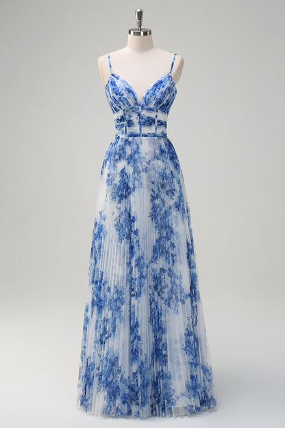 White Blue Flower Pleated Corset Long Bridesmaid Dress