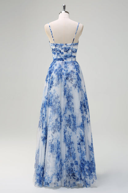 Plus Size White Blue Flower Spaghetti Straps Pleated Long Bridesmaid Dress