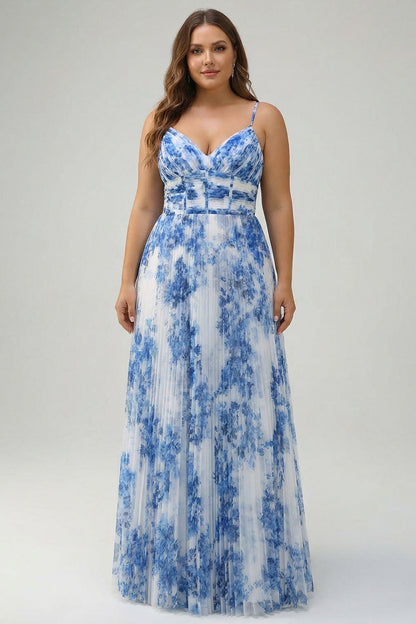 White Blue Flower Pleated Corset Long Bridesmaid Dress