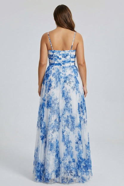 White Blue Flower Pleated Corset Long Bridesmaid Dress