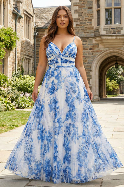 Plus Size White Blue Flower Spaghetti Straps Pleated Long Bridesmaid Dress