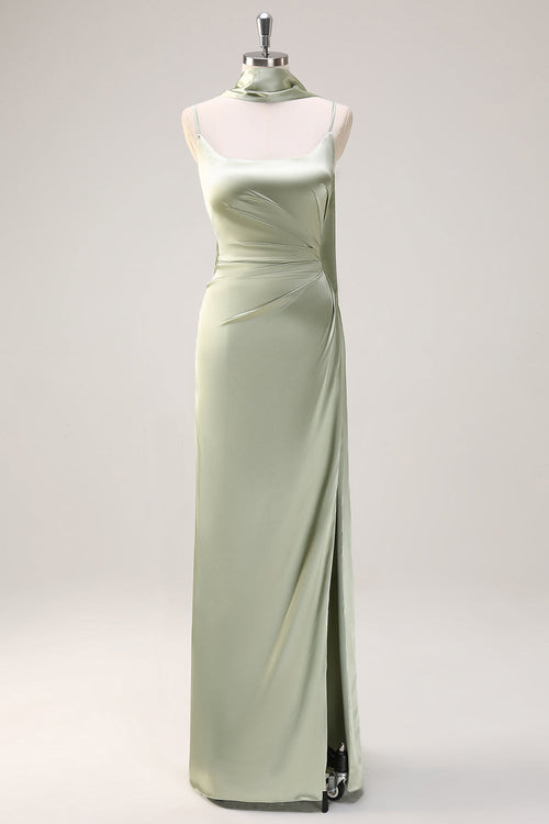 Dark Green Sheath Spaghetti Straps Satin Long Bridesmaid Dress with Slit