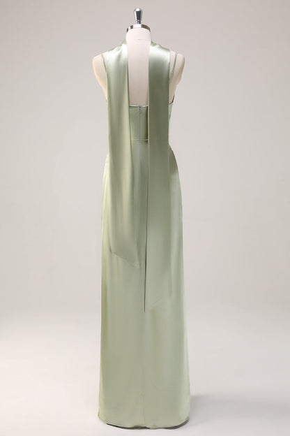 Plus Size Dusty Sage Sheath Spaghetti Straps Satin Long Bridesmaid Dress with Slit