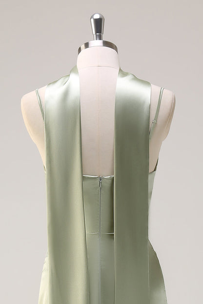 Dark Green Sheath Spaghetti Straps Satin Long Bridesmaid Dress with Slit