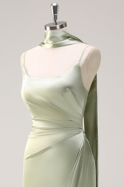 Dark Green Sheath Spaghetti Straps Satin Long Bridesmaid Dress with Slit