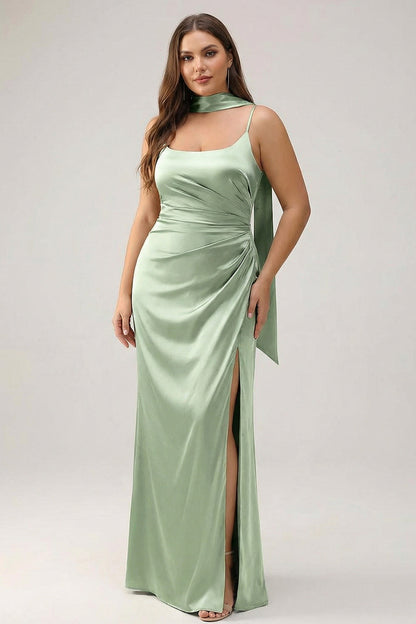 Dark Green Sheath Spaghetti Straps Satin Long Bridesmaid Dress with Slit