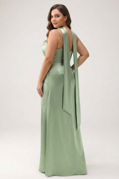 Sage Sheath Spaghetti Straps Satin Long Bridesmaid Dress with Slit