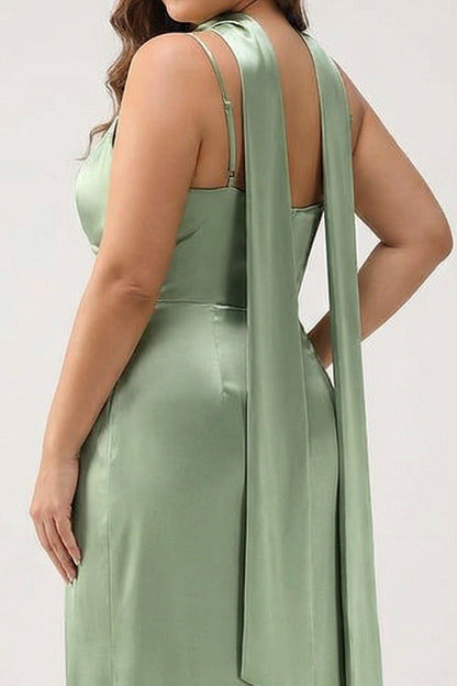 Plus Size Dusty Sage Sheath Spaghetti Straps Satin Long Bridesmaid Dress with Slit