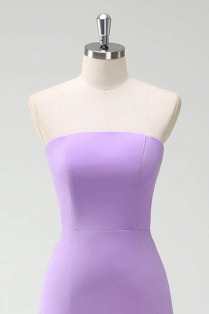 Simple Purple Strapless Chiffon Long Bridesmaid Dress With Slit