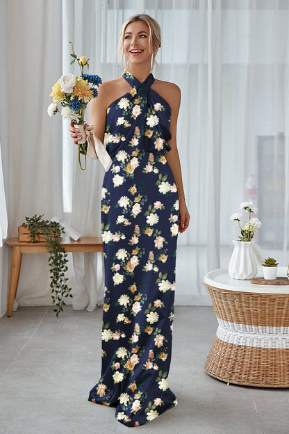 Blue White Flower Sheath Halter Long Bridesmaid Dress