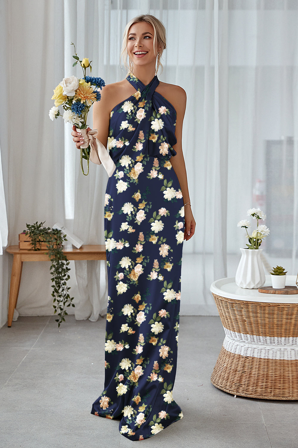 Floral Sage White Sheath Plus Size Halter Long Bridesmaid Dress