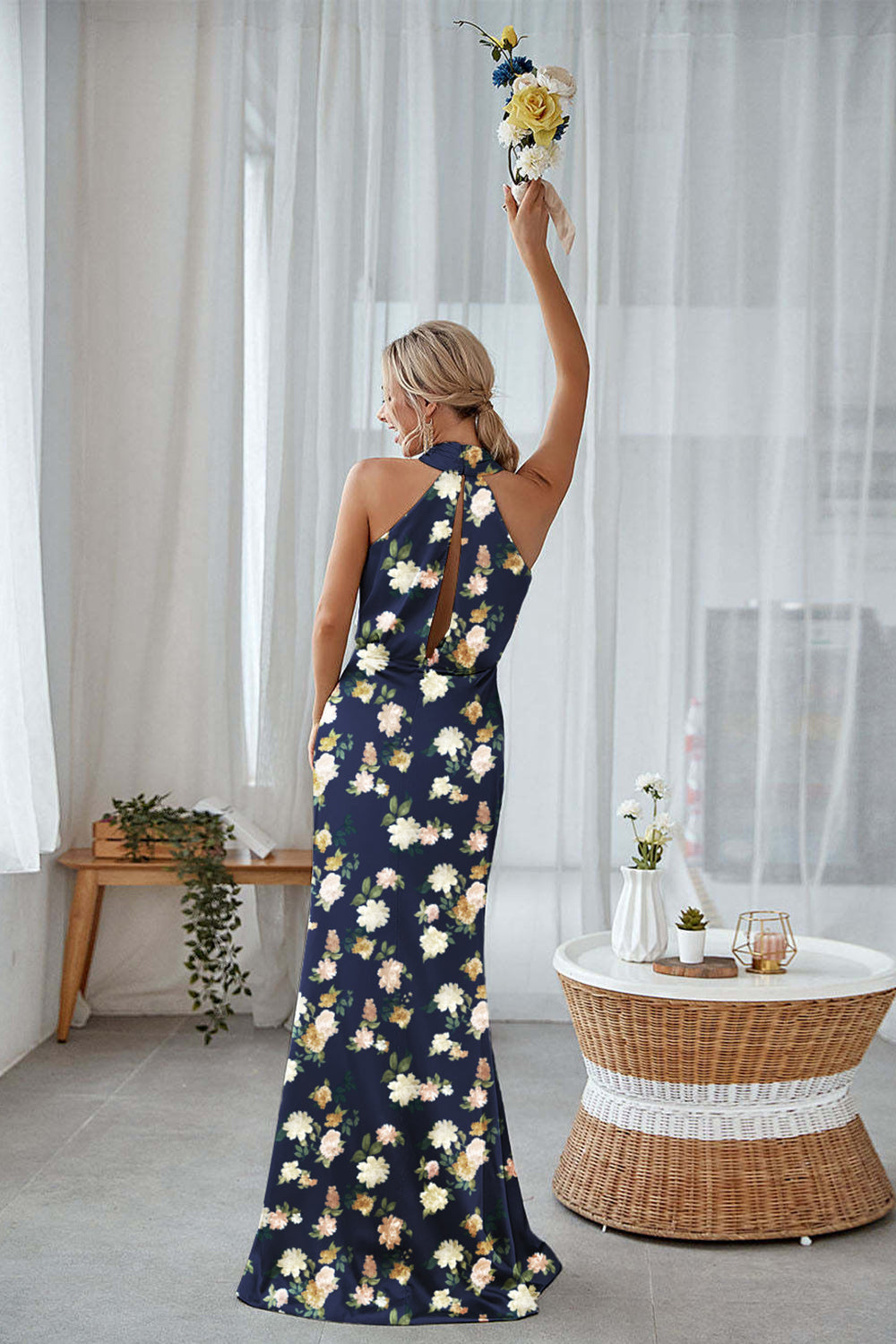 Floral Sage White Sheath Plus Size Halter Long Bridesmaid Dress