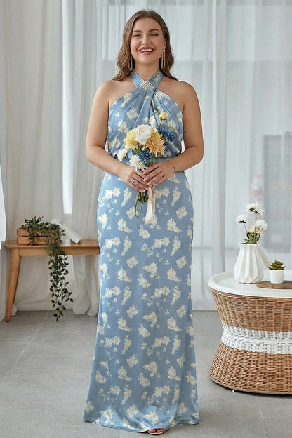 Blue White Flower Sheath Halter Long Bridesmaid Dress
