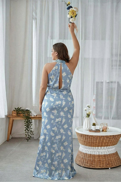Blue White Flower Sheath Halter Long Bridesmaid Dress