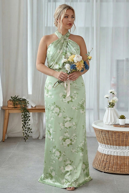 Blue White Flower Sheath Halter Long Bridesmaid Dress