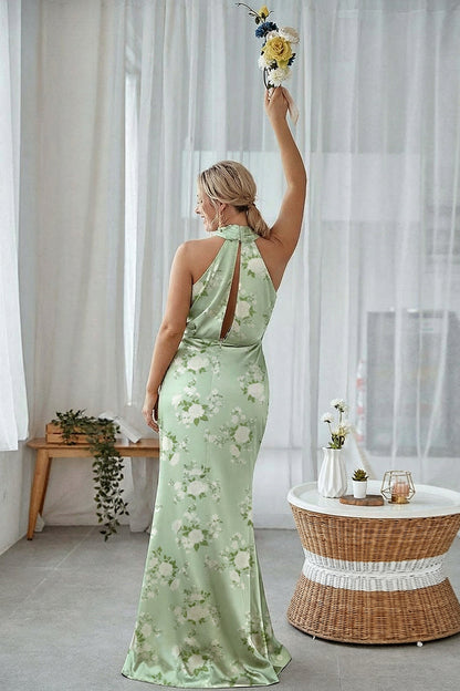 Blue White Flower Sheath Halter Long Bridesmaid Dress