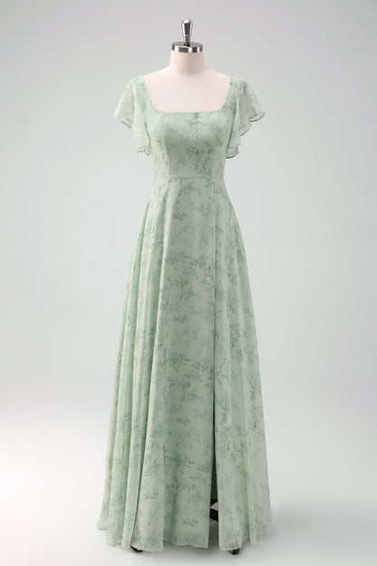 Grey Green Square Neck Floral Printed Bridesmaid Dress with Slit