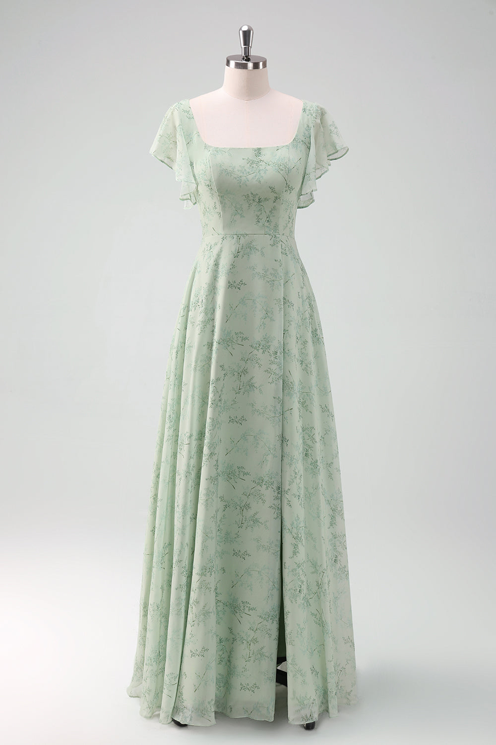 Dusty Sage Chiffon Floral Print Bridesmaid Dress with Slit