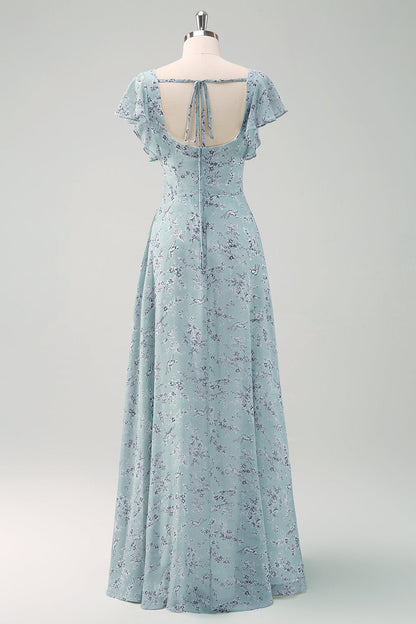 Grey Green Square Neck Floral Printed Bridesmaid Dress with Slit