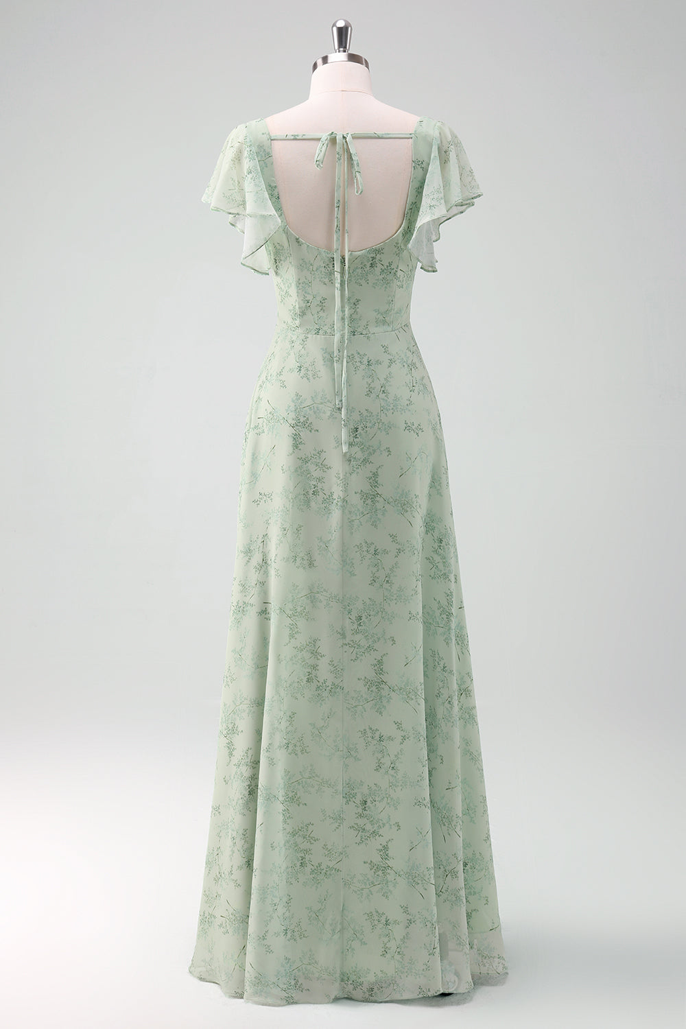 Grey Green Chiffon Floral Bridesmaid Dress with Slit