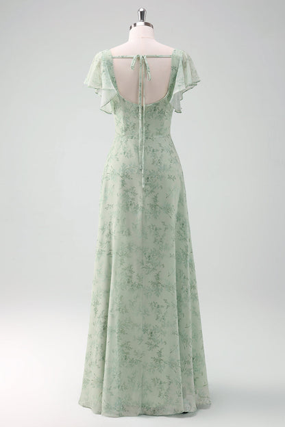 Grey Green Chiffon Floral Bridesmaid Dress with Slit