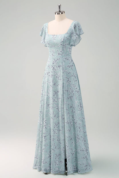 Grey Green Chiffon Floral Bridesmaid Dress with Slit