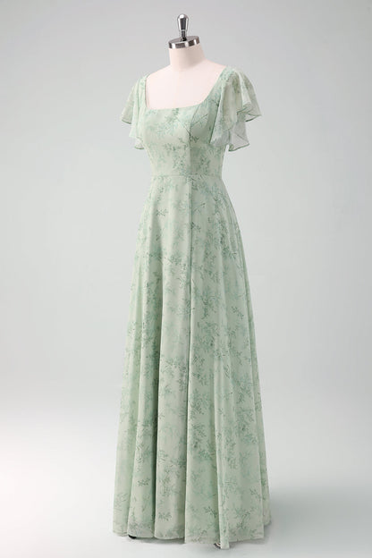 Grey Green Chiffon Floral Bridesmaid Dress with Slit