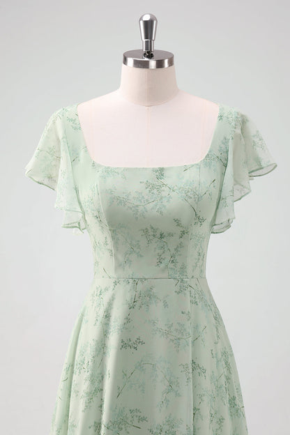 Grey Green Chiffon Floral Bridesmaid Dress with Slit