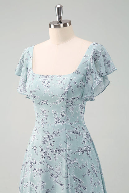 Grey Green Chiffon Floral Bridesmaid Dress with Slit