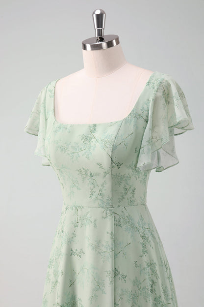 Grey Green Chiffon Floral Bridesmaid Dress with Slit