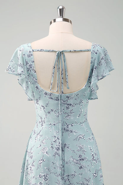 Grey Green Chiffon Floral Bridesmaid Dress with Slit
