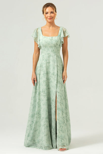 Dusty Sage Chiffon Floral Print Bridesmaid Dress with Slit