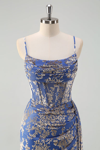 Blue Burnt Out Velvet Spaghetti Straps Sheath Bridesmaid Dress With Slit