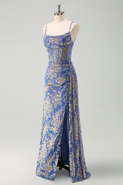 Blue Burnt Out Velvet Spaghetti Straps Sheath Bridesmaid Dress With Slit