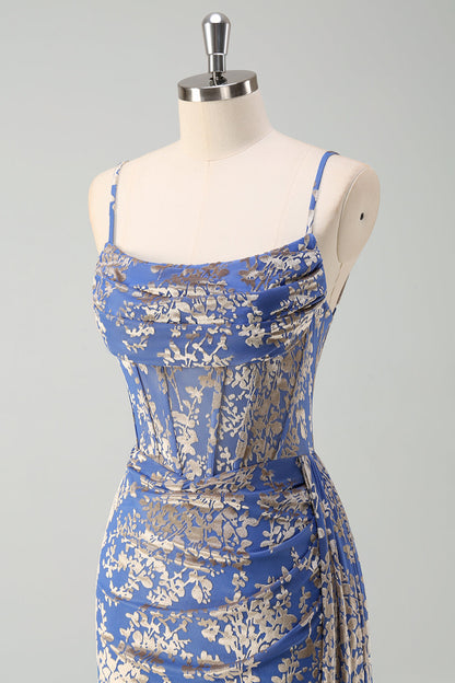 Blue Burnt Out Velvet Spaghetti Straps Sheath Bridesmaid Dress With Slit