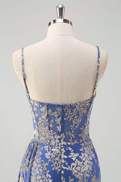 Burnt Out Velvet Blue Spaghetti Straps Corset Bridesmaid Dress With Slit