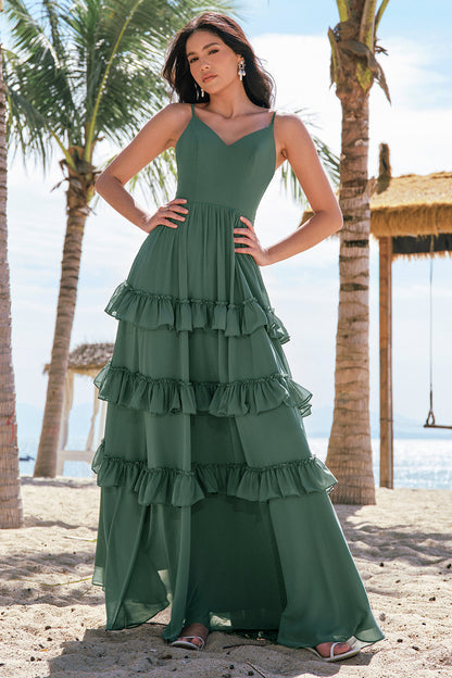 Eucalyptus Ruffled Spaghetti Straps Long Bridesmaid Dress