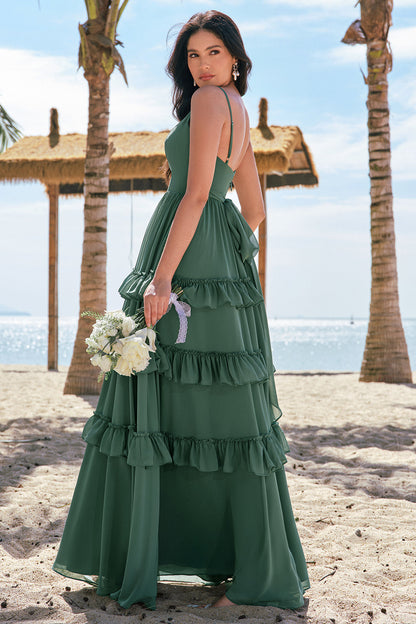 Eucalyptus Ruffled Spaghetti Straps Long Bridesmaid Dress