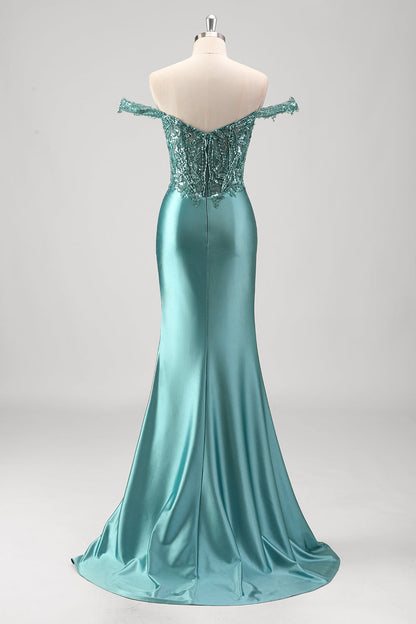 Plus Size Sparkly Grey Green Off The Shoulder Mermaid Long Prom Dress with Slit