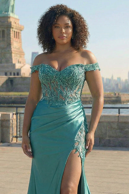 Plus Size Sparkly Grey Green Off The Shoulder Mermaid Long Prom Dress with Slit