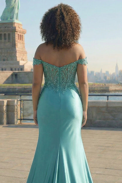 Plus Size Sparkly Grey Green Off The Shoulder Mermaid Long Prom Dress with Slit