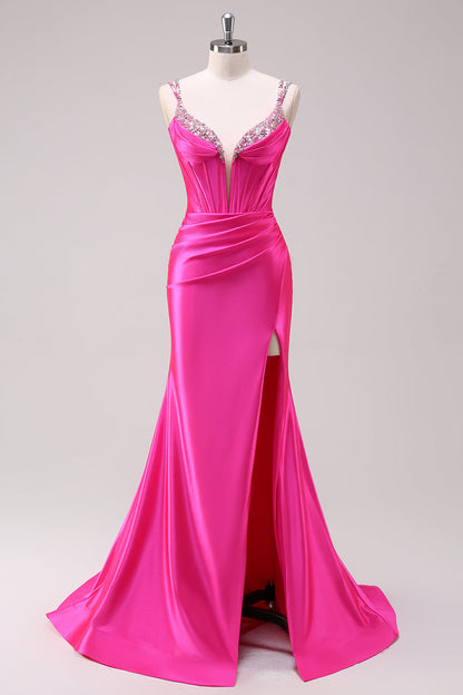 Sparkly Plus Size Fuchsia Satin Long Corset Prom Dress with Slit