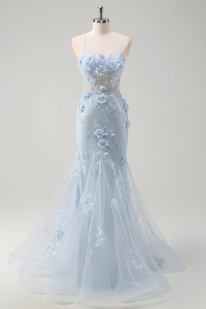 Plus Size Sparkly Blue Floral Mermaid Long Prom Dress with 3D Flowers